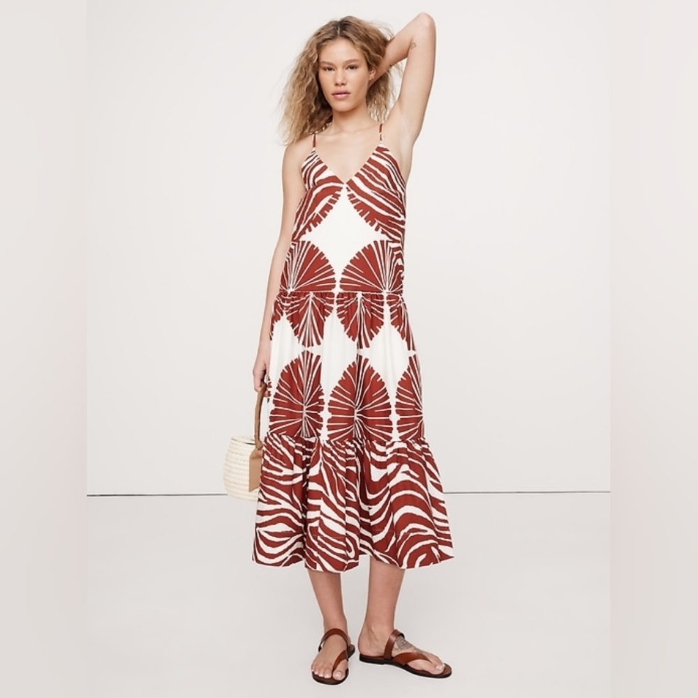 NWT Banana Republic Cotton Poplin Tiered Midi Dress Brown Zebra Print Small